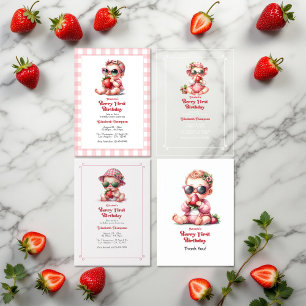 Berry First Birthday Pink Gingham Strawberry Vellum Invitations