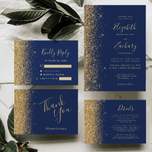 Modern Navy Blue Gold Faux Glitter Edge RSVP Card