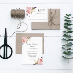 Watercolor Peonies Pink Purple Wedding Invitation