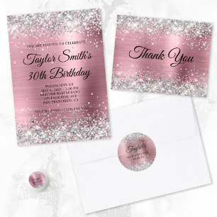 Silver Glitter Light Pink Monogram 50th Birthday Invitation