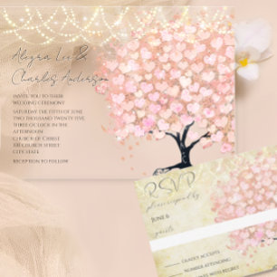 Mason Jar Pink Rose Gold Heart Leaf Tree Invitation