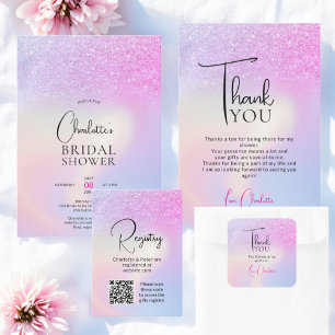 Pink Purple Glitter Holographic bridal shower Thank You Card