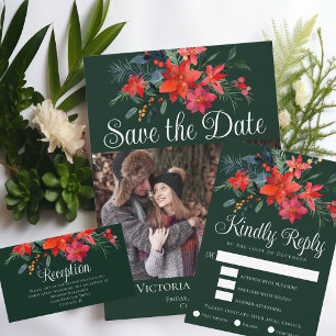 Elegant Christmas Floral Green Wedding RSVP Card