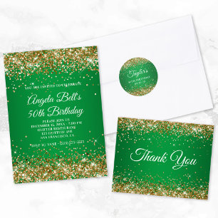Gold Glitter Green Ombre Monogram 21st Birthday Invitation