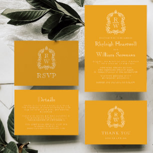 Monogram Crest Marigold Yellow Wedding RSVP Card