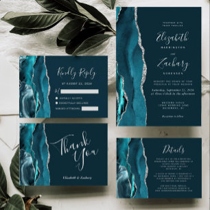 Dark Teal Agate Silver Wedding Thank You Card