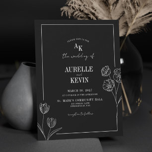 Floral Line Art Rustic Black Elegant Wedding Invitation