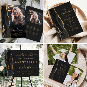 Photo Black Agate Gold Script Dark Graduation Thank You Card