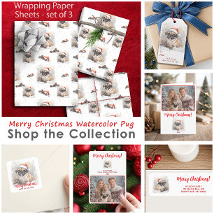 Watercolor Pug in Santa Hat Christmas Wrapping Paper Sheet