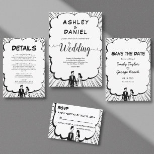 Elegant Romantic Black & White Comic Book Wedding Invitation