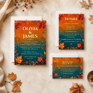 Rustic Fall Autumn Teal and Orange Leaves Save the Date