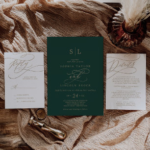 Romantic Green Calligraphy Monogram Wedding Invitation