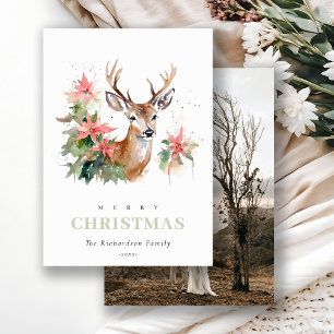 Watercolor Reindeer Poinsettia Christmas Photo Holiday Card