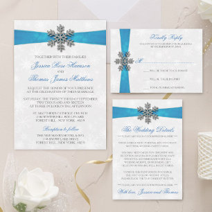 Diamante Snowflake & Blue Ribbon Winter Wedding Invitation