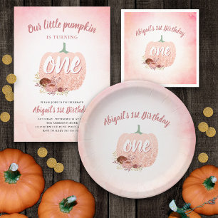 Girls 1st Birthday Party Rose Gold Glitter Pumpkin Paper Plate