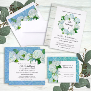 Rustic Blue and White Hydrangea Wreath Floral Wood Invitation