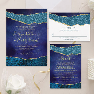 Elegant Navy Blue & Gold Agate Wedding All In One Invitation