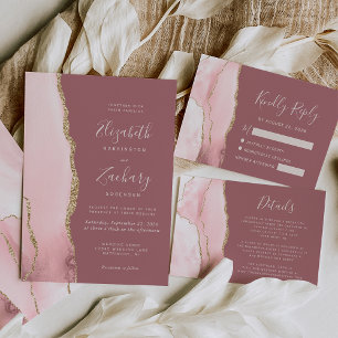 Modern Blush Pink Gold Agate Dusty Rose Wedding Invitation