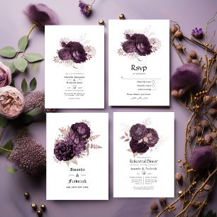 Dark Purple and Rose Gold Floral Wedding QR Code Invitation