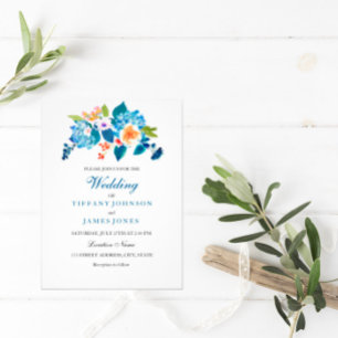 Elegant Blue & Peach Floral Wedding Invitation
