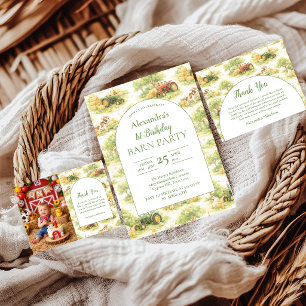 Photo Pastel Farm Tractor Barnyard 1st Birthday Thank You Card