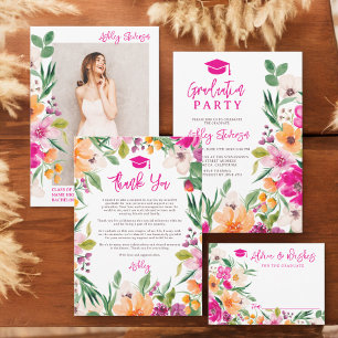 Bright wild flowers script photo graduation invitation