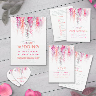 Watercolor vine coral pink green evening reception invitation