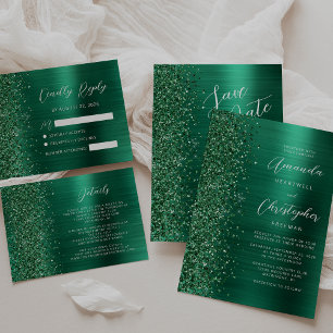 Emerald Green Brushed Metal Glitter Script Wedding Invitation