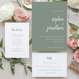 Modern Minimalist Script   White and Sage Wedding RSVP Card