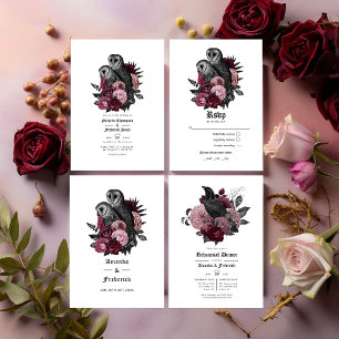 Vintage Glam Burgundy Owls Gothic Wedding QR Code  Invitation