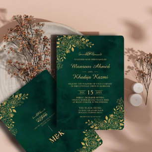 Emerald Green Gold Islamic Wedding Round Menu Card