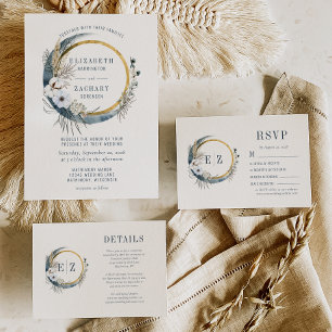 Boho Blue Moon Floral Wreath Wedding Invitation