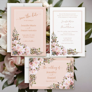 Peony Garden  Rustic Peach White Wedding  Invitation
