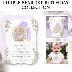 1st Birthday Girl Cute Teddy Bear Purple Balloons Invitation