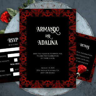 Black and Red Floral Gothic Dark Elegant Wedding Invitation