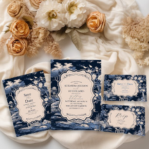Elegant Blue Toile De Jouy  Wedding Save The Date