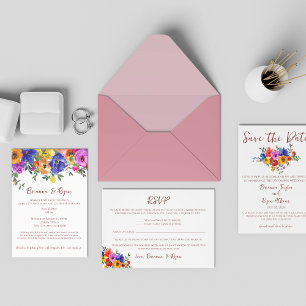 Summer Wedding Colourful Watercolor Flowers Save The Date