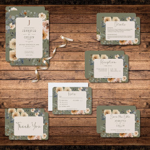 Vanilla White Boho Roses Sage Wedding Invitation
