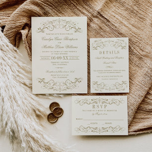 Vintage Ivory and Antique Gold Flourish Wedding Invitation