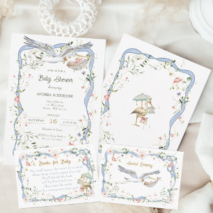 Stork Wildflower Ribbon Baby Shower  Classic Round Sticker