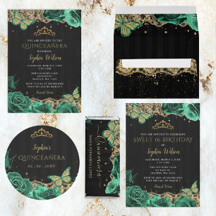 Vintage Green Roses Black Gold Lace Quinceañera Favour Box