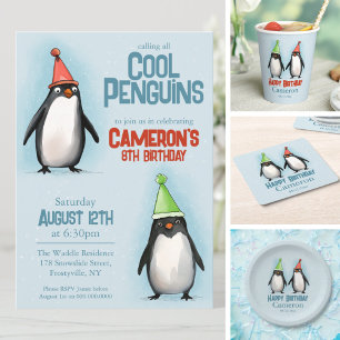 Two Cool Penguins celebrate kid's birthday Paper Plate