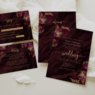 Elegant Burgundy Red Gold Floral Wedding Menu