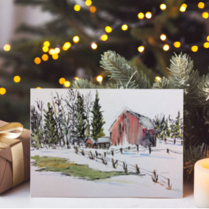 Winter Red Barn Watercolor Landscape Holiday Card