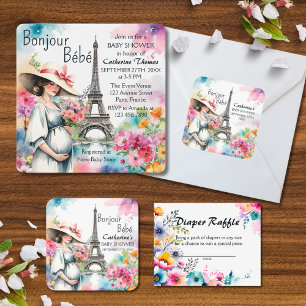Bonjour Bebe Floral Eiffel Tower Paris Baby Shower Square Sticker