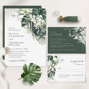 Tropical Sage Green Monstera Wedding Invitation