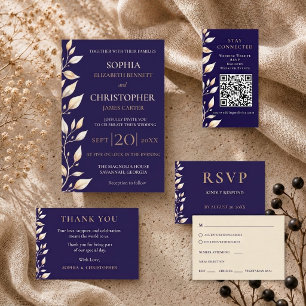 Elegant Navy Botanical Border Wedding RSVP Card