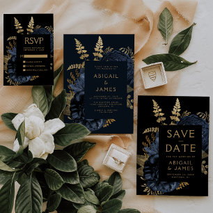 Dark Floral Navy Blue Gold Wedding Save the Date Invitation