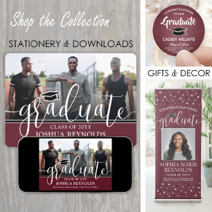 Modern Script Maroon and White 4 Photo Graduation Announcement