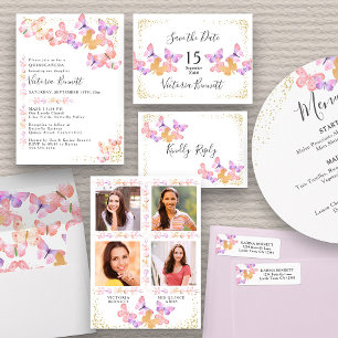 Butterfly Skies Coral Pink Gold Confetti RSVP Card